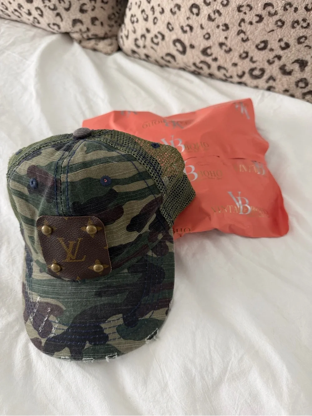 Distressed Camo Baseball Cap with Authentic LV Logo Patch